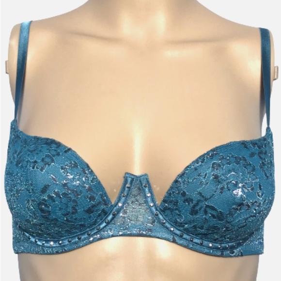 Victoria's Secret Very Sexy Floral Metallic Lace Studded Balconet Bra Blue 32B - Picture 2 of 16